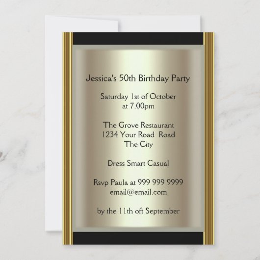 50e Gold Black Birthday Party-uitnodiging Kaart (Achterkant)