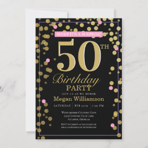 50e Gold Black Roze Confetti Surprise Birthday Kaart