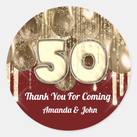 50e GOLD Burgundy BALLONS Bedankt voor je komst Ronde Sticker (Voorkant)