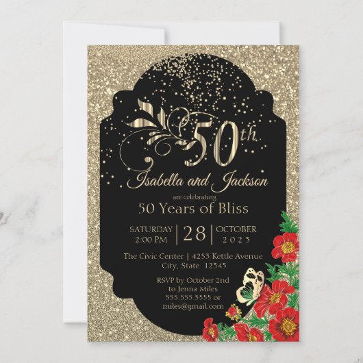 50e Gold Confetti Glitter Jubileum Kaart (Voorkant)