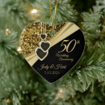 50e Gold Glitter-Jubileum - Aangepast Keramisch Ornament<br><div class="desc">50e Jubileum Ornament Keepomwille. Aanbevolen in een donker goudvormig glitterpatroon en een zwarte achtergrond met een ruitvormende harten hangende kettingontwerp. Dit mooie Jubileum ornament zal een hit zijn met dat speciale koppel. Het zou ook goed werken voor alle andere evenementen, zoals een verloving, bruiloft, verjaardag, afstuderen, pensionering, enz. door de...</div>