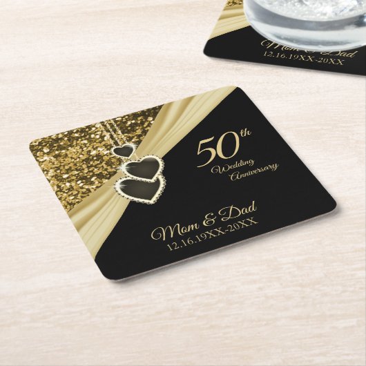 50e Gold Glitter-Jubileum Kartonnen Onderzetters (Schuin)