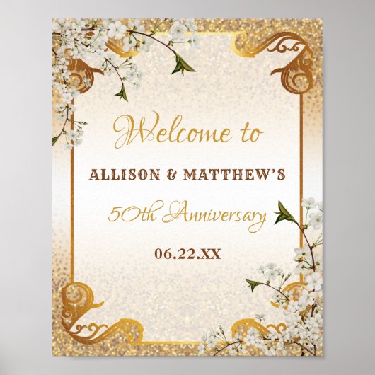 50e Gold Glitter Lijst Floral Wedding Jubileum Poster (Voorkant)