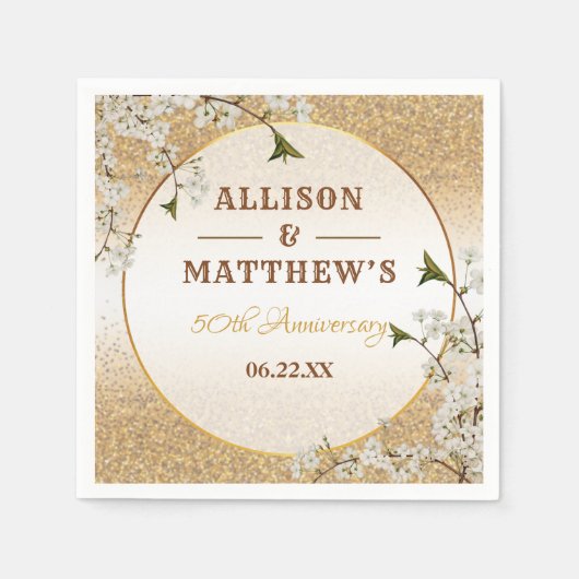 50e Gold Glitter Lijst Floral Wedding Jubileum Servet (Voorkant)