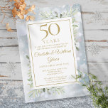 50e Gold Jubileum Snowflakes Greenery Leaves Kaart<br><div class="desc">Met botanische groene waterverf eucalyptusbladeren op een wintersneeuwachtergrond. Deze uitnodiging tot gouden herdenking kan gepersonaliseerd worden met je speciale viering ter gelegenheid van 50 jaar in de moderne gouden typografie. Ontworpen door: Thisnotme©</div>