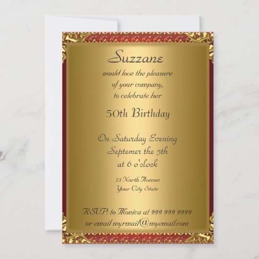 50e Gold Red Birthday Party Kaart (Achterkant)