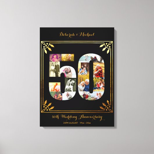 50e Gold Wedding Jubileum Foto Collage Black Canvas Afdruk (Voorkant)