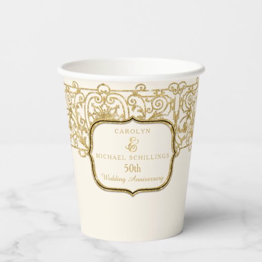 50e Golden Fiftieth Jubileum Gold Glitter  Papieren Bekers (Achterkant)