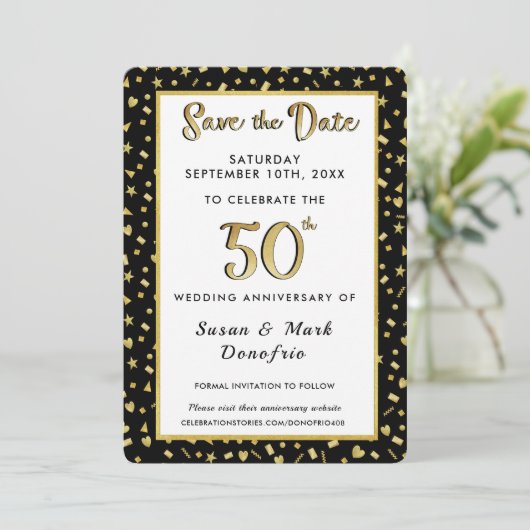 50e Golden Jubileum Celebration Confetti Black Save The Date (Staand voorkant)