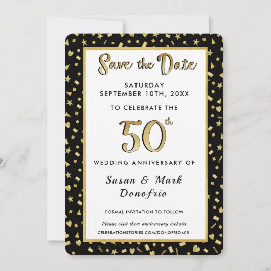 50e Golden Jubileum Celebration Confetti Black Save The Date (Voorkant)