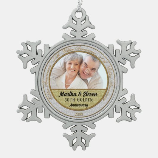 50e Golden Jubileum Damask Foto Tin Sneeuwvlok Ornament (Voorkant)