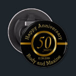 50e Golden Jubileum Design Button Flesopener<br><div class="desc">50th Jubileum Bottle Opener klaar voor u om te personaliseren. Dit ontwerp kan gemakkelijk worden gewijzigd voor andere gelegenheden, zoals een verjaardag, reünie, pensioen, enz... door het gebruik van de bewerkingstool om de tekst / lettertype / grootte te wijzigen om aan uw behoefte te voldoen. ✔ Opmerking: niet alle sjablonen...</div>