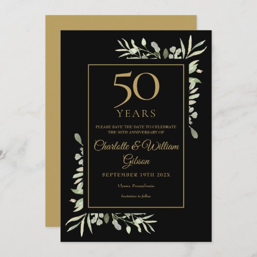 50e Golden Jubileum Red de datum Gold Black Save The Date (Voorkant / Achterkant)