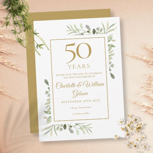 50e Golden Jubileum Save the Date Greenery Kaart