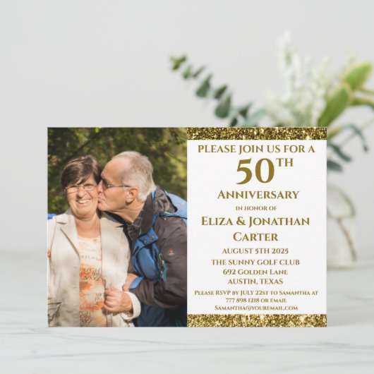 50e Golden Jubileum Surprise Party Glitter Kaart (Staand voorkant)