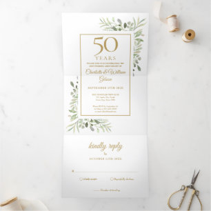 50e Golden Jubileum Wedding Foto Greenery Drieluik Uitnodiging