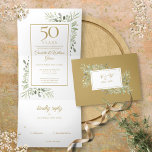 50e Golden Jubileum Wedding Greenery Floral Drieluik Uitnodiging<br><div class="desc">Een elegant allemaal in een drievoudig 50e gouden trouwdag-uitnodiging met waterverf groene bladeren en goudkoorts. De uitnodiging bevat uw feestgegevens en een afneembare RSVP-kaart. Ontworpen door: Thisnotme©</div>