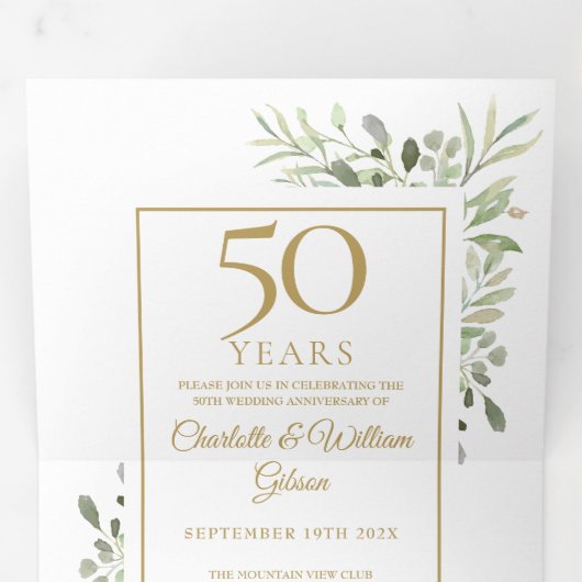 50e Golden Jubileum Wedding Greenery Floral Drieluik Uitnodiging (Binnenzijde eerst)