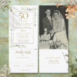 50e Golden Jubileum Wedding Photo Foliage RSVP Kaart<br><div class="desc">Een all-in-one-uitnodiging en een rsvp-kaart met waterverf groen foliage. Pas je favoriete trouwfoto aan met je speciale 50e gouden trouwdag-feestelijke details in chic gold-typografie. De uitnodiging omvat een kaart RSVP die kan worden afgesneden en gastinformatie details. Ontworpen door: Thisnotme©</div>