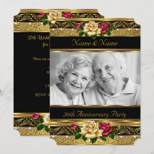 50e Golden Photo Wedding Jubileum Party Roos Kaart (Voorkant / Achterkant)