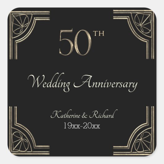 50e Golden Wedding Jubileum Art Deco op zwart Vierkante Sticker (Voorkant)