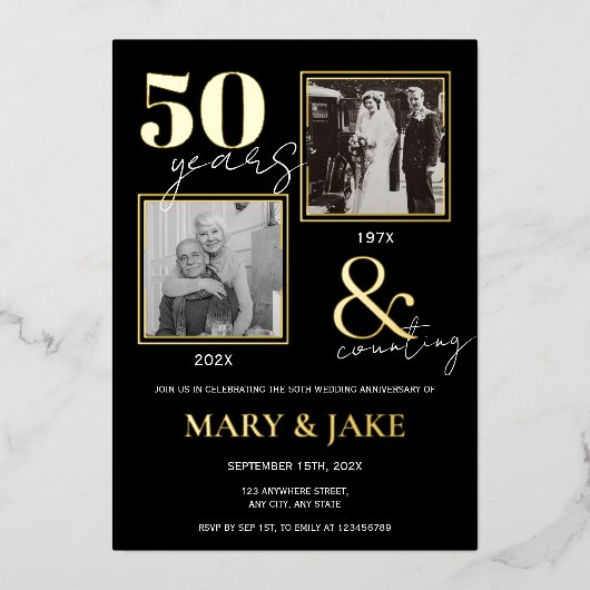 50e Golden Wedding Jubileum Dan en nu Folie Uitnodiging (Voorkant)