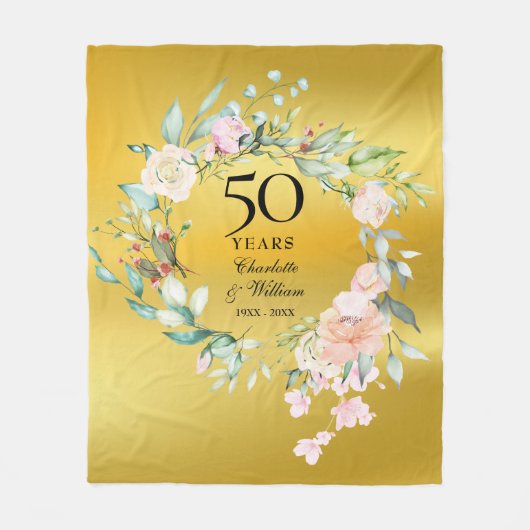 50e Golden Wedding Jubileum Floral Gold Foil Fleece Deken (Voorkant)