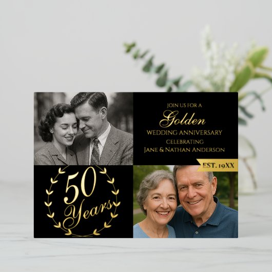 50e Golden Wedding Jubileum Foto Folie Uitnodiging (Staand Voorkant)