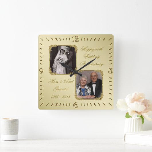 50e Golden Wedding Jubileum Fotowandklok Vierkante Klok (Huis)