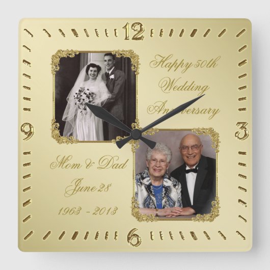 50e Golden Wedding Jubileum Fotowandklok Vierkante Klok (Voorkant)