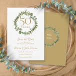 50e Golden Wedding Jubileum Greenery Garland Save The Date<br><div class="desc">Met een elegante grove bosgrond kan deze botanische 50e trouwdag met een oogmerk worden gepersonaliseerd met je speciale gouden verjaardagsinformatie. Op de achterzijde staat een corresponderende grove graslandbouwer die je jubileumdata in elegante witte tekst op een gouden achtergrond instelt. Ontworpen door: Thisnotme©</div>