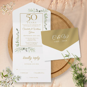 50e Golden Wedding Jubileum Greenery Monogram All In One Uitnodiging