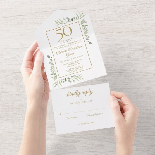 50e Golden Wedding Jubileum Greenery Monogram All In One Uitnodiging (Afscheurbaar)