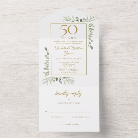 50e Golden Wedding Jubileum Greenery Monogram All In One Uitnodiging (Binnen)