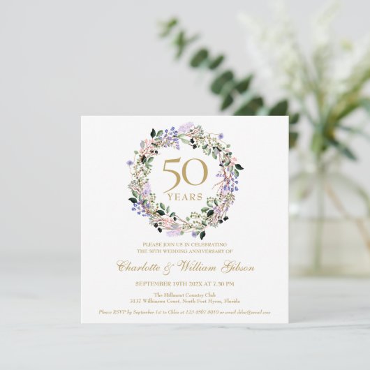50e Golden Wedding Jubileum Lavendel Bloemen Kaart (Staand voorkant)