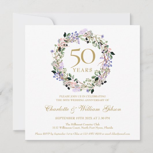 50e Golden Wedding Jubileum Lavendel Bloemen Kaart (Voorkant)