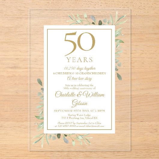 50e Golden Wedding Jubileum Memories Greenery Acryl Uitnodigingen (Voorkant)