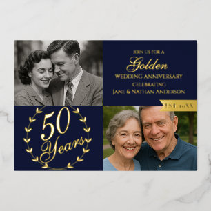 50e Golden Wedding Jubileum Navy foto Folie Uitnodiging
