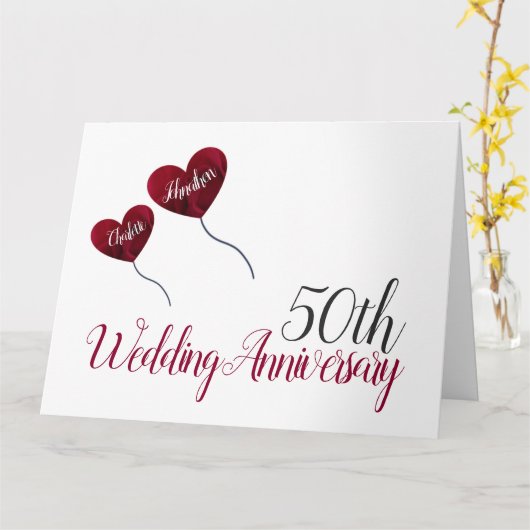50e Golden Wedding Jubileum rode ballon groot Kaart (Gele Bloem)