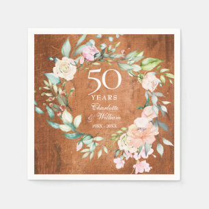 50e Golden Wedding Jubileum Rustic Wood Floral Servet