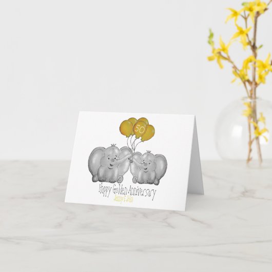 50e Golden Wedding Jubileum schattige olifant Kaart (Gele Bloem)