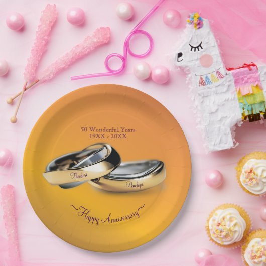 50e ✨💛 Golden Wedding Rings Jubileum Papieren Bordje (Feest)