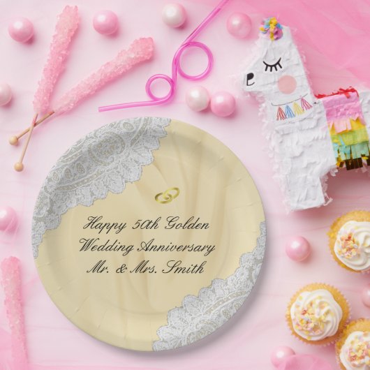 50e gouden bruiloft Jubileum Faux satijn + kant Papieren Bordje (Feest)
