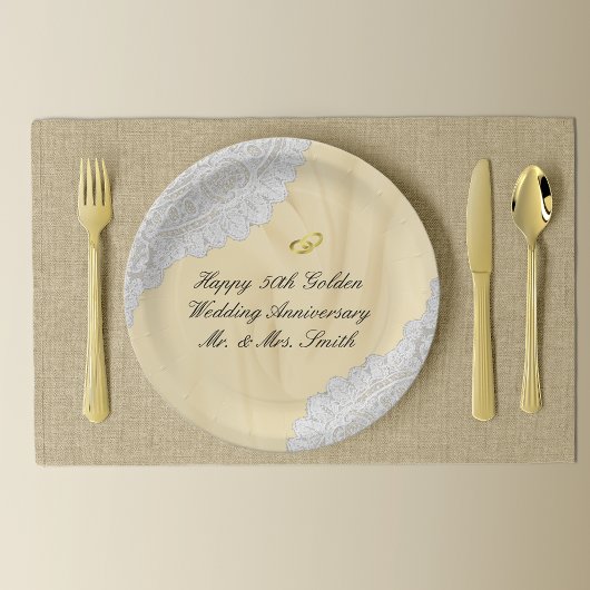 50e gouden bruiloft Jubileum Faux satijn + kant Papieren Bordje