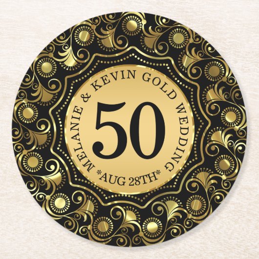 50e gouden bruiloft Jubileum gouden cirkel Lijst Ronde Kartonnen Onderzetter (Voorkant)