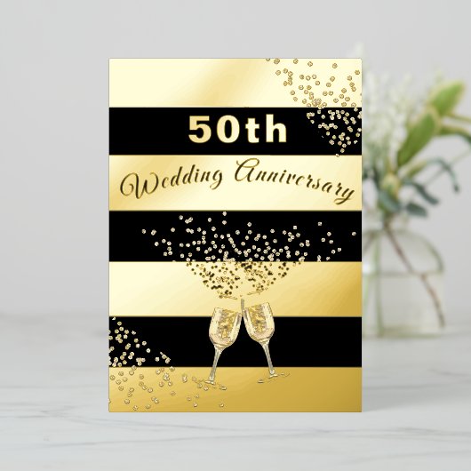 50e gouden bruiloft Jubileum zwart chique elegant Folie Uitnodiging (Staand Voorkant)