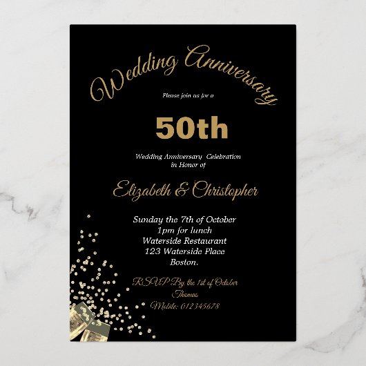 50e gouden bruiloft Jubileum zwart chique elegant Folie Uitnodiging (Achterkant)