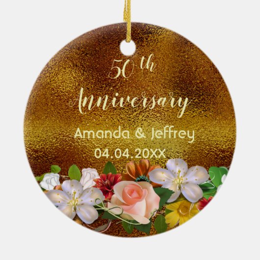 50e gouden bruiloft met witte bloemen keramisch ornament (Achterkant)