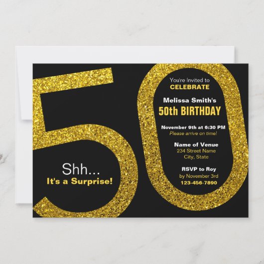 50e Gouden Glitter Verjaardag Uitnodiging (Voorkant)