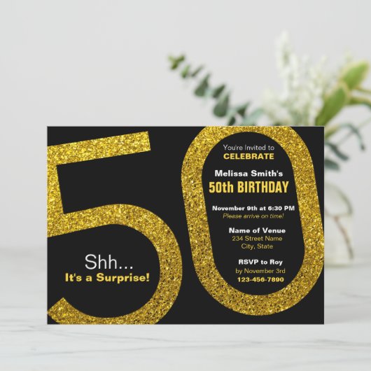 50e Gouden Glitter Verjaardag Uitnodiging (Staand voorkant)